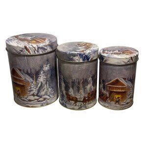 Winter Scene Decorative Nesting Tins With Lids Elfs Sleigh Cabin Set Of 3